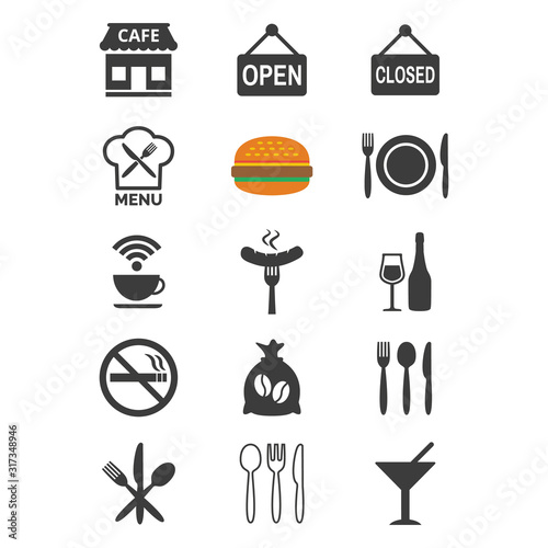 Restaurant and cafe icons set on white background.