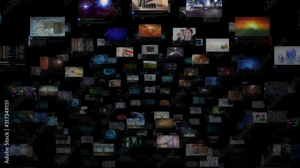 Video Wall Background. Sphere. Journey through video screens showing multiple themed videos. Loopable. Dolly. All videos in this animation are available in my portfolio. 