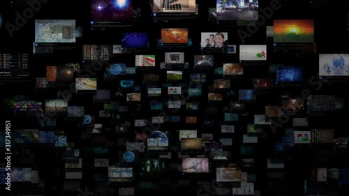 Video Wall Background. Sphere. Journey through video screens showing multiple themed videos. Loopable. Dolly. All videos in this animation are available in my portfolio. 