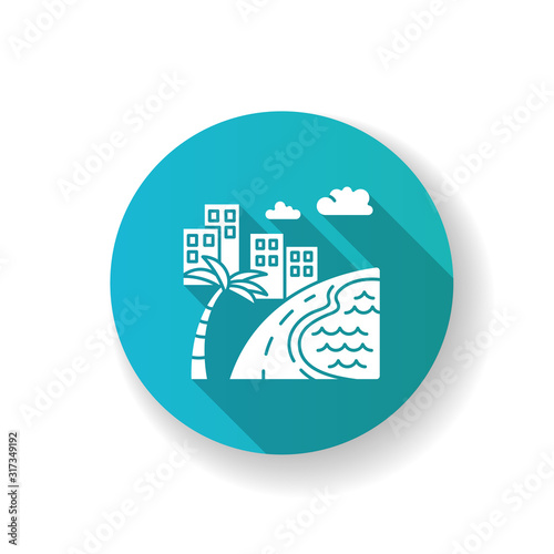 Brazil ocean beach blue flat design long shadow glyph icon. Skyscrapers and pond. Buildings. Road along coast with palm. San Paulo. Rio de Janeiro. Silhouette RGB color illustration