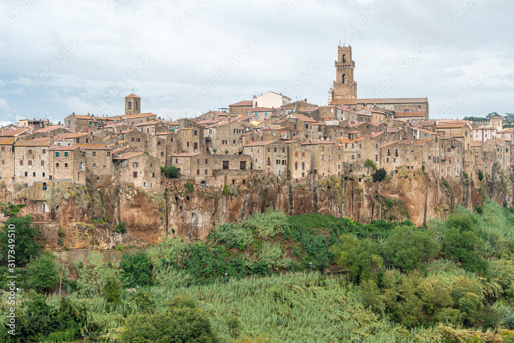 View of the medieval village Pitigliano founded in Etruscan time on the tuff hill, Tuscany
