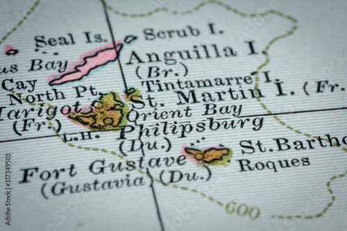 Selective focus of St Martin/Sint Maarten vintage map from 
