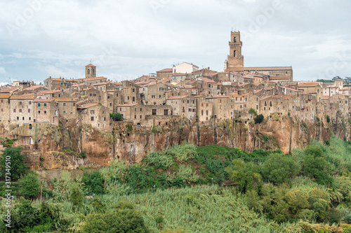View of the medieval village Pitigliano founded in Etruscan time on the tuff hill, Tuscany
