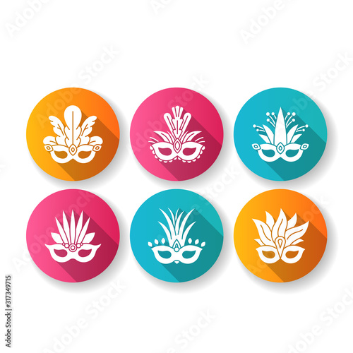 Masquerade masks flat design long shadow glyph icons set. Traditional headwear with plumage. Ethnic festival. Brazilian national holiday. Silhouette RGB color illustration