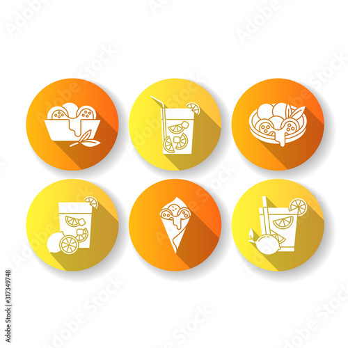 Brazilian cuisine flat design long shadow glyph icons set. Arancini. Сheese bread. Caipirinha. Alcoholic beverage with lime. Traditional food and cocktail. Silhouette RGB color illustration