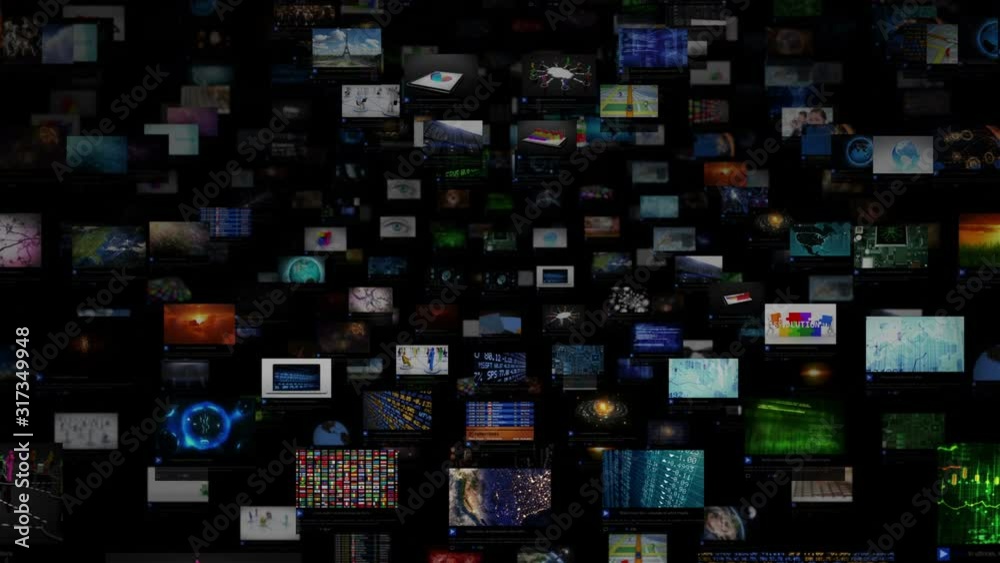 Video Wall Background. Sphere. Journey through video screens showing multiple themed videos. Loopable. Dolly. All videos in this animation are available in my portfolio. 