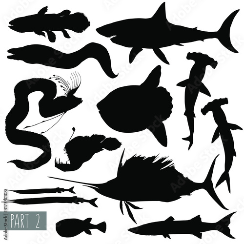 most popular sea fishes silhouettes. Set 2. Vector illustration