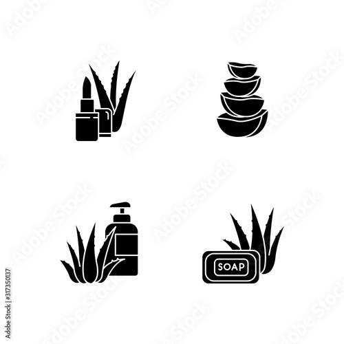 Aloe vera black glyph icons set on white space. Bathing products with organic ingredients. Natural lip balm. Slices of cactus. Cosmetic for skincare. Silhouette symbols. Vector isolated illustration