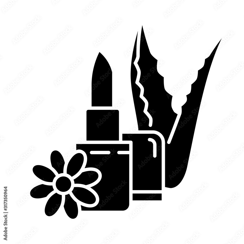 Vegan lipcare black glyph icon. Organic lip balm. Natural lipstick with aloe vera. Cosmetic with herbs and flowers. Plant based product. Silhouette symbol on white space. Vector isolated illustration Vegan lipcare black glyph icon. Organic lip balm. Natural lipstick with aloe vera. Cosmetic with herbs and flowers. Plant based product. Silhouette symbol on white space. Vector isolated illustration