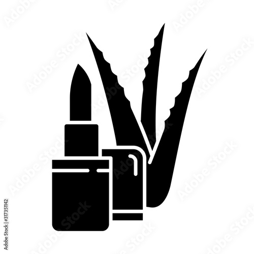 Organic lip balm black glyph icon. Organic cosmetic with aloe vera extract. Lipcare with medicinal herbs. Plant based cosmetic product. Silhouette symbol on white space. Vector isolated illustration