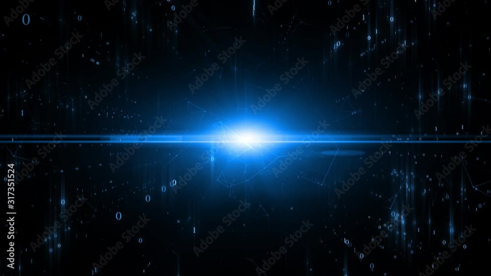 Abstract binary numbers travel in dark digital cyberspace with flare light.