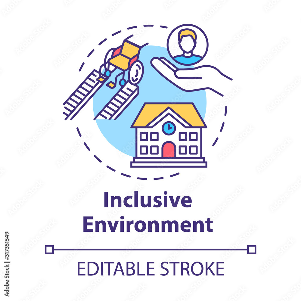 Inclusive environment concept icon. Support for students with special needs. Aid for disabled people idea thin line illustration. Vector isolated outline RGB color drawing. Editable stroke Inclusive environment concept icon. Support for students with special needs. Aid for disabled people idea thin line illustration. Vector isolated outline RGB color drawing. Editable stroke
