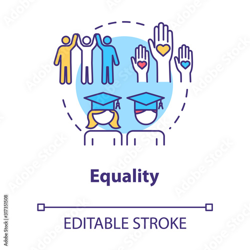 Equality concept icon. Positive support. Diverse community. College graduation. Inclusive education idea thin line illustration. Vector isolated outline RGB color drawing. Editable stroke