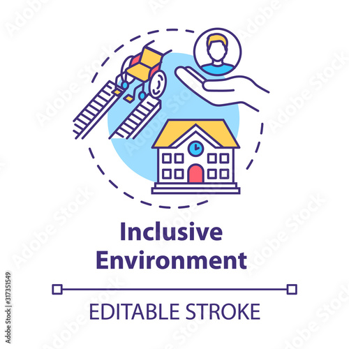 Inclusive environment concept icon. Support for students with special needs. Aid for disabled people idea thin line illustration. Vector isolated outline RGB color drawing. Editable stroke