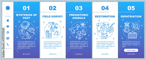 Archeology onboarding mobile web pages vector template. Mysteries of past. Responsive smartphone website interface idea with linear illustrations. Webpage walkthrough step screens. Color concept