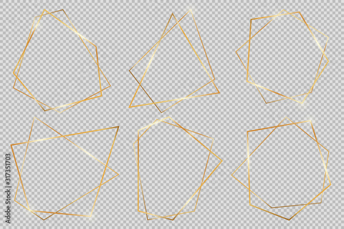 Set of modern shiny vector polygonal shapes. Collection of gold geometric frames can be used in various design projects, advertisements, wedding invitations, cards or templates, web-design and more.