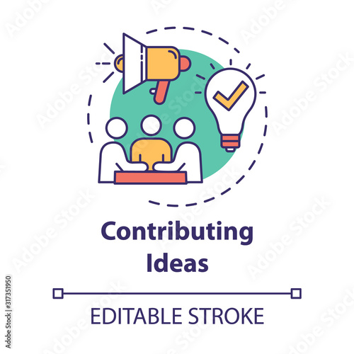 Contributing ideas concept icon. Business meeting. Briefing and teamwork. Cooperation in group. Brainstorming idea thin line illustration. Vector isolated outline RGB color drawing. Editable stroke