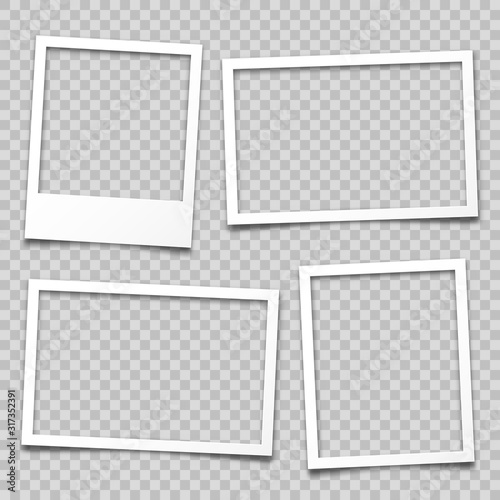 Realistic empty photo card frame, film set. Retro vintage photograph. Digital snapshot image. Template or mockup for design. Vector illustration.
