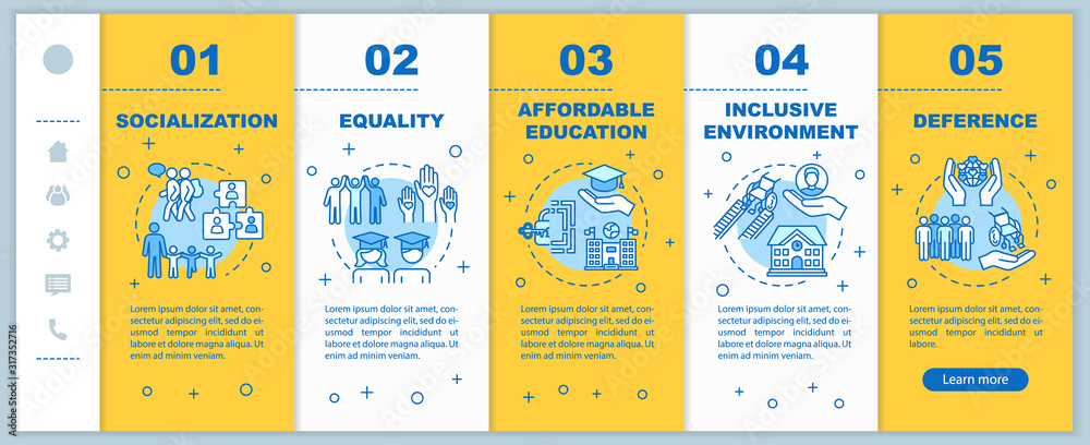 Naklejka premium Inclusive education onboarding vector template. Equality and deference. Affordable studying. Responsive mobile website with icons. Webpage walkthrough step screens. RGB color concept
