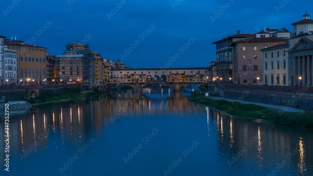 Hyperlapsed view of the medieval Ponte Vecchio over the Arno River. From night to day. Florence, Italy Hyperlapsed view of the medieval Ponte Vecchio over the Arno River. From night to day. Florence, Italy
