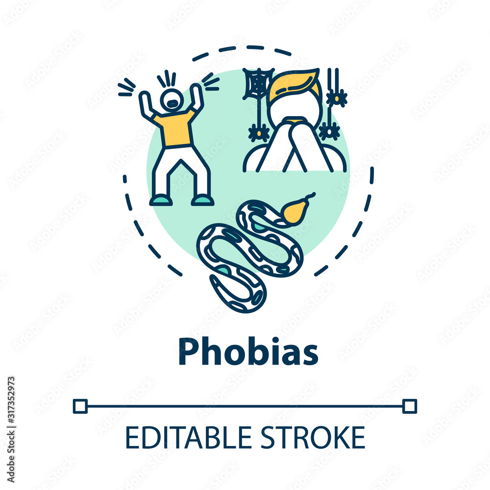 Phobias concept icon. Irrational fear reaction. Arachnophobia, herpetophobia. Mental disorder. Psychiatry idea thin line illustration. Vector isolated outline RGB color drawing. Editable stroke Phobias concept icon. Irrational fear reaction. Arachnophobia, herpetophobia. Mental disorder. Psychiatry idea thin line illustration. Vector isolated outline RGB color drawing. Editable stroke