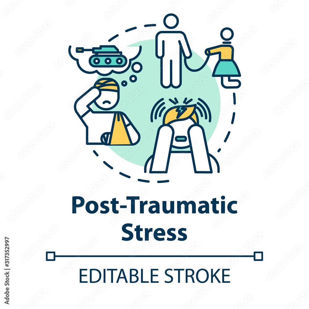 Post traumatic stress concept icon. PTSD. Horrifying memories. Mental illness. Psychology, psychiatry idea thin line illustration. Vector isolated outline RGB color drawing. Editable stroke Post traumatic stress concept icon. PTSD. Horrifying memories. Mental illness. Psychology, psychiatry idea thin line illustration. Vector isolated outline RGB color drawing. Editable stroke