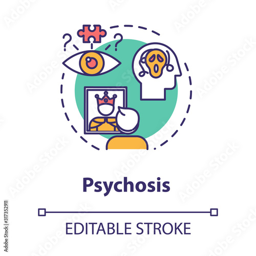Psychosis concept icon. Psychic disorder. Psychopathy, insanity. Uncontrollable fear, depression. Mental illness idea thin line illustration. Vector isolated outline RGB color drawing. Editable stroke