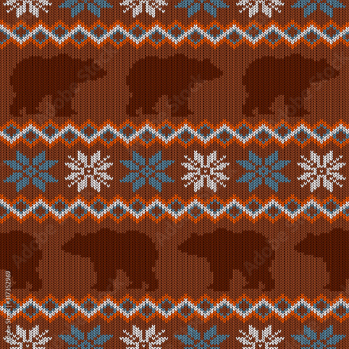 Brown bear and snowflakes. Seamless winter knitted woolen pattern