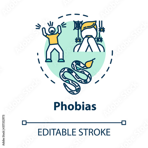 Phobias concept icon. Irrational fear reaction. Arachnophobia, herpetophobia. Mental disorder. Psychiatry idea thin line illustration. Vector isolated outline RGB color drawing. Editable stroke