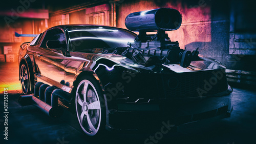 Naklejka wysokiej jakości samochód sportowy koncepcyjny w ciemnym i szorstkim środowisku science fiction z delikatnym tłem