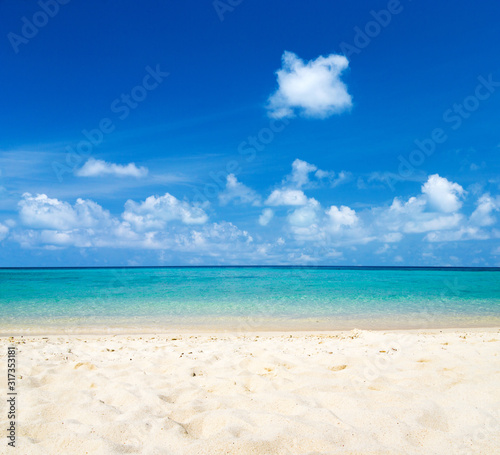 Beautiful beach with white sand. Tropical sea with cloudy blue sky . Amazing beach landscape