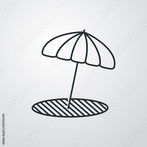 Concepto de vacaciones y viajes. Icono plano lineal sombrilla proyectando sombra en fondo gris