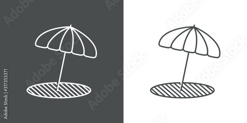 Concepto de vacaciones y viajes. Icono plano lineal sombrilla proyectando sombra en fondo gris y fondo blanco