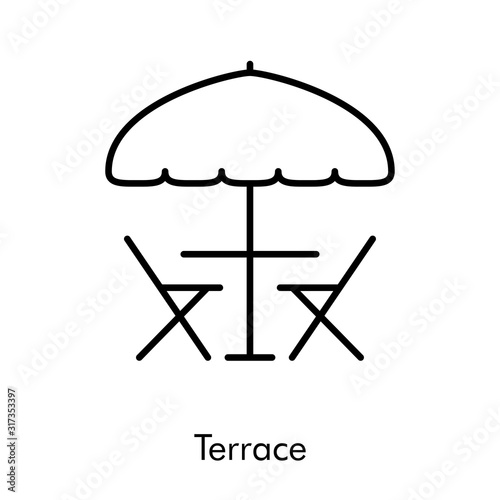 Terraza de café en la calle. Icono plano lineal sombrilla con mesa y sillas en color negro