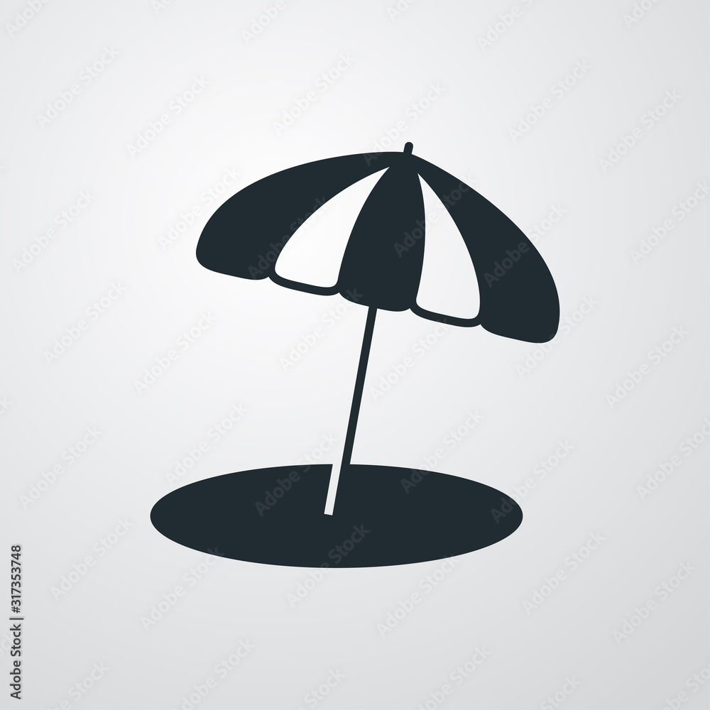 Concepto de vacaciones y viajes. Icono plano sombrilla proyectando sombra en fondo gris Concepto de vacaciones y viajes. Icono plano sombrilla proyectando sombra en fondo gris