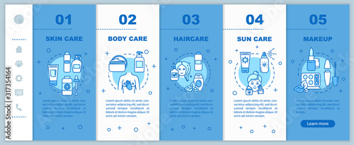 Skincare onboarding vector template. Body and hair care. Suncare, makeup. Cosmetic products. Responsive mobile website with icons. Webpage walkthrough step screens. RGB color concept
