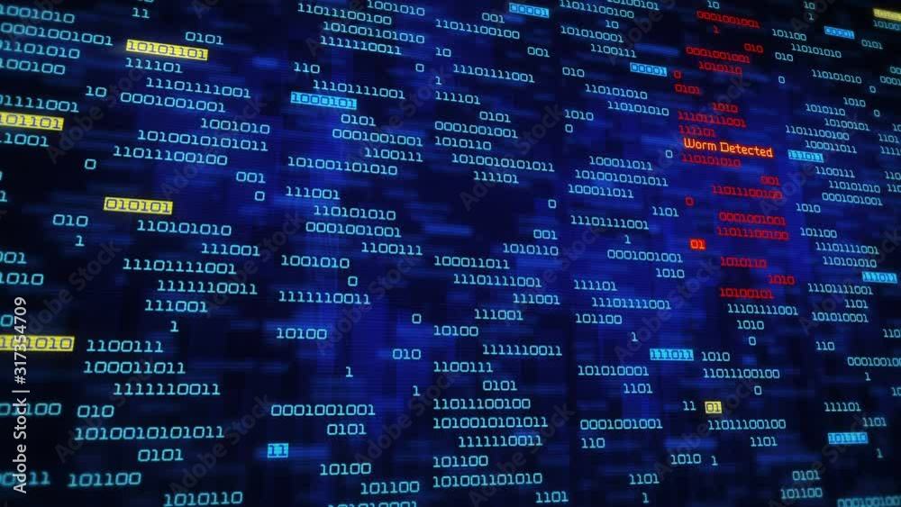 Binary data code animation showing warning messages in a virtual environment. Security breach concept, warning texts in a virtual environment.  System hacked. Virus detected. Binary. Lateral-Blue.