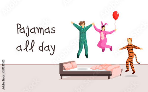 Pajamas all day banner vector template. Comfortable clothes store, hen party, overnight stay poster concept. Cheerful girlfriends in pyjamas having fun together illustration with typography