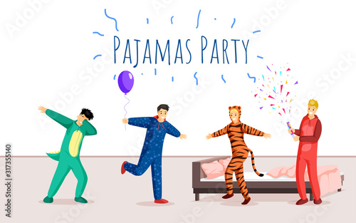 Pajamas party flat banner vector template. Overnight stay, sleepover, festive event advertising poster design. Happy young people celebrating in funny pyjamas illustration with typography