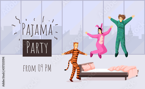 Pajama party flat banner vector template. Sleepover, overnight stay invitation, hen party advertising poster design. Cheerful girlfriends in funny costumes illustration with typography