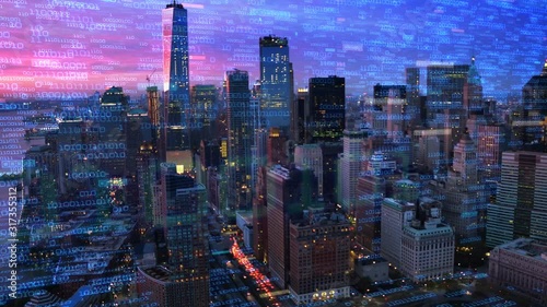 Big data over New York. Futuristic city where every building, home appliance, device and person is connected, forming a computer network.  Perfect to illustrate: internet of things, smart  cities. photo