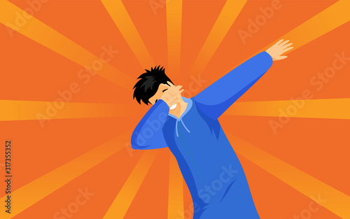 Dabbing hipster guy flat vector illustration. Young man in blue hoodie showing trendy dab sign cartoon character. Stylish teenager standing in dub dance pose isolated on orange background photo