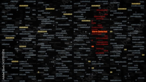 Binary data code animation showing warning messages in a virtual environment. Security breach concept, warning texts in a virtual environment. Cyber Attack. Worm detected. Binary. Frontal-black. photo