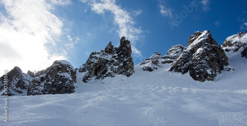 Pic de Saulire courchevel mogul view grand couloir black slope sunset snowy mountain landscape France alpes