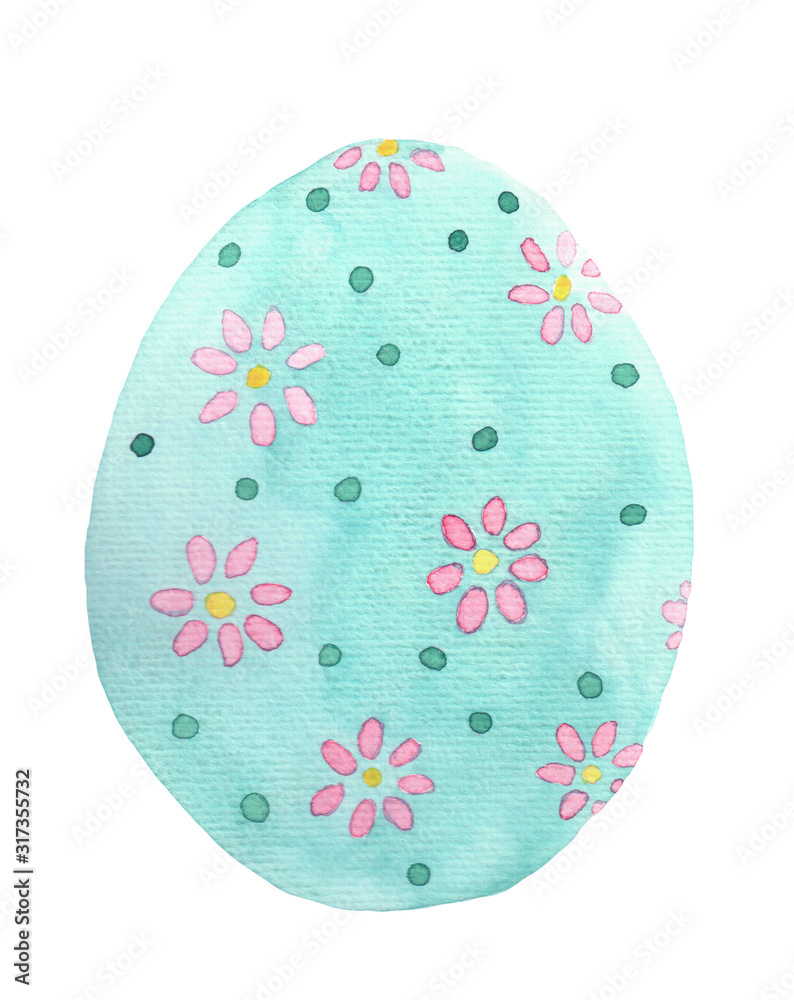 Easter turquoise egg with a pattern of pink daisies. Watercolor illustration
