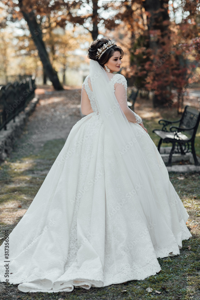 The beautiful woman in a wedding dress. Happy bride on the day of his marriage poses for photographers, nature, autumn, wedding day, love, walk in a beautiful autumn park. The beautiful woman in a wedding dress. Happy bride on the day of his marriage poses for photographers, nature, autumn, wedding day, love, walk in a beautiful autumn park.