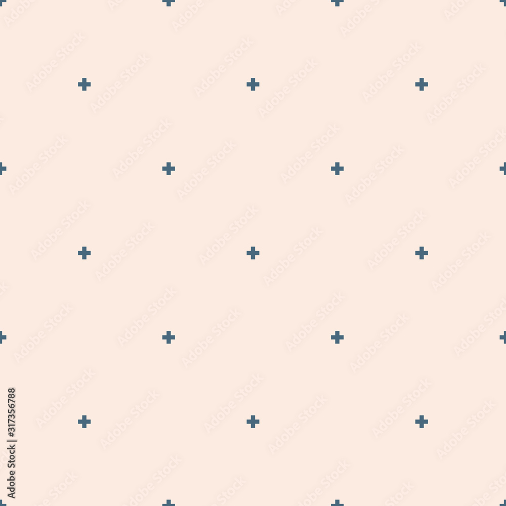 Vector minimalist geometric seamless pattern. Simple abstract texture with tiny crosses, flower silhouettes. Blue and beige minimal background. Pixel art. Subtle repeat design for wallpapers, prints - obrazy, fototapety, plakaty 