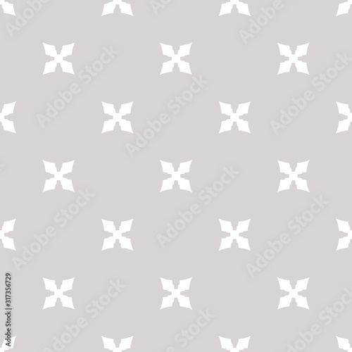 Subtle vector floral texture. Geometric seamless pattern with flower silhouettes, crosses. Simple abstract ornament. White and light gray minimalist background. Repeating design for decor, wallpapers