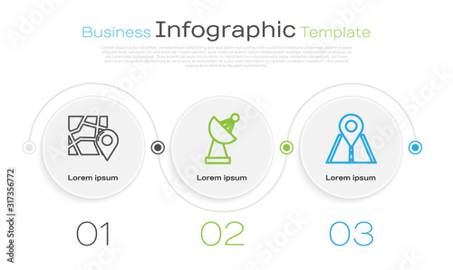 Set line Folded map with location marker, Radar and Road traffic sign. Business infographic template. Vector