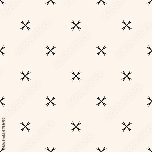 Simple minimalist floral texture. Geometric seamless pattern with small flower silhouettes  crosses. Vector abstract monochrome background. Black and white minimal ornament. Repeat decorative design 